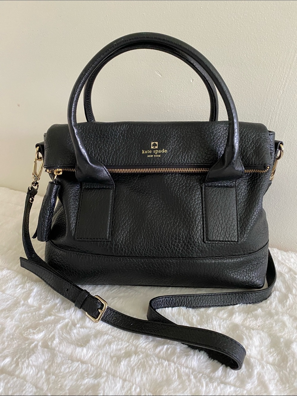 kate spade Black Pebbled Leather Tote with Striped Interior